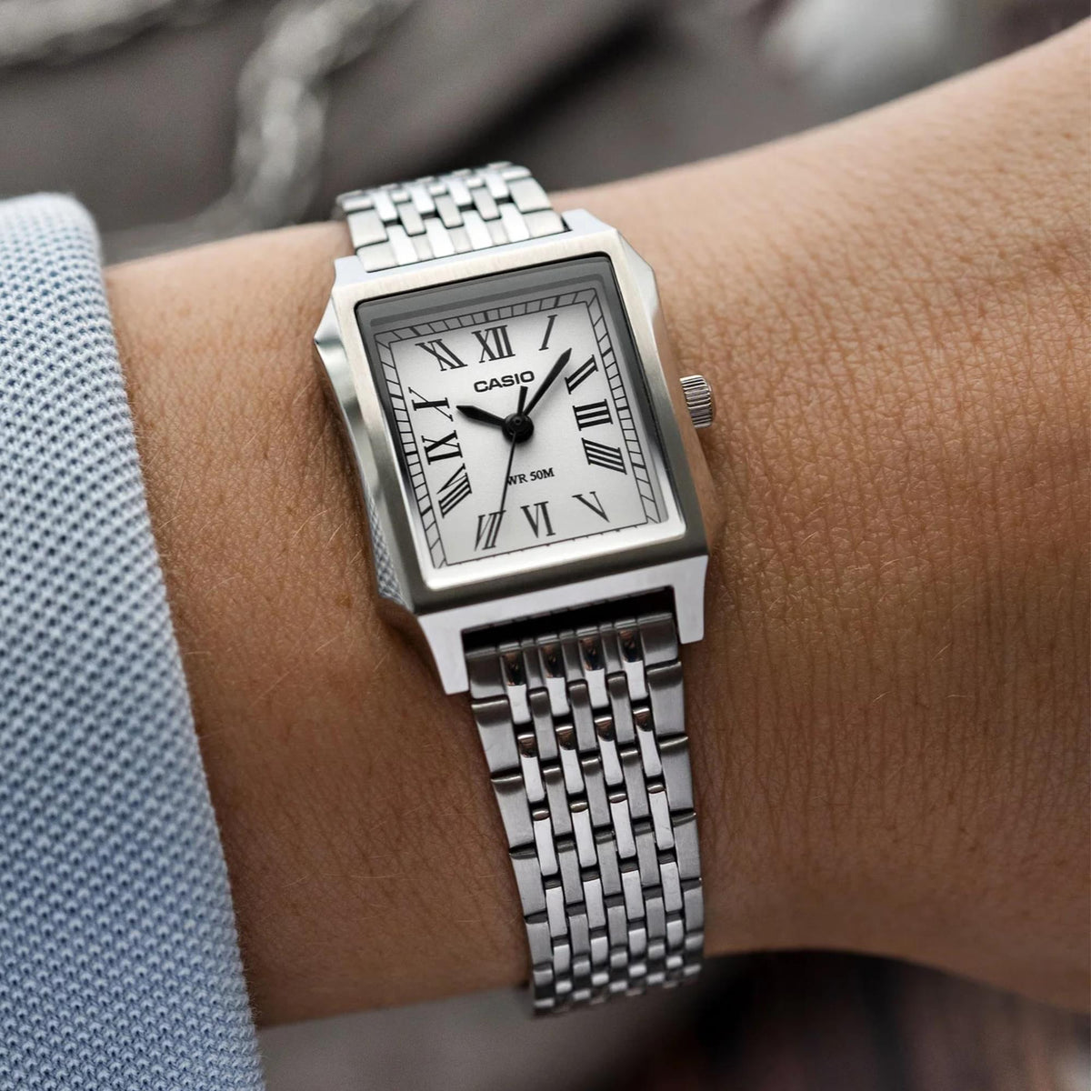 Casio Vintage LTP-B190D-7BVER wrist shot displaying white dial on wrist with multi-link steel strap