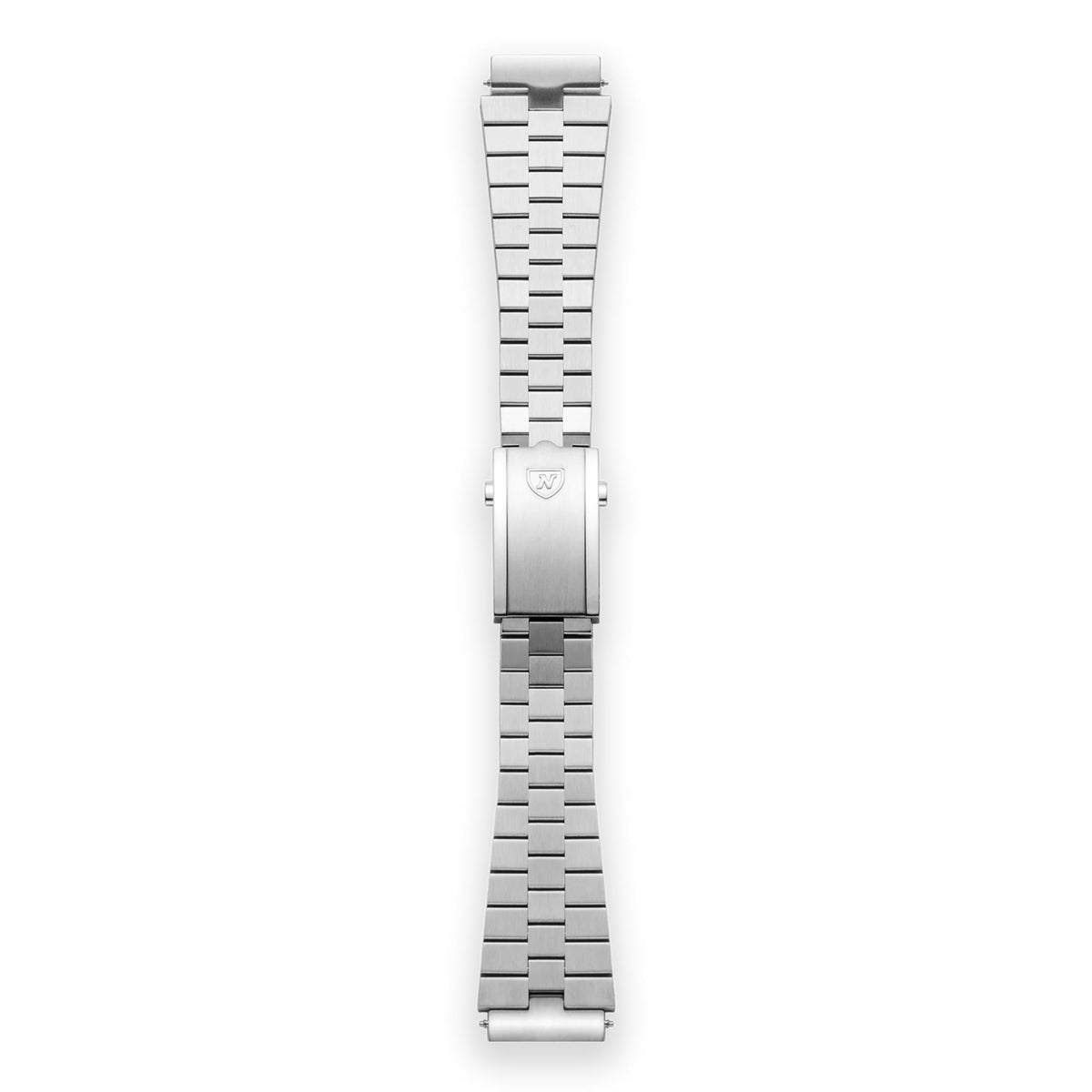 Nivada Grenchen Autochron NZ45PB1 front view showing silver steel watch bracelet clasp with brand logo