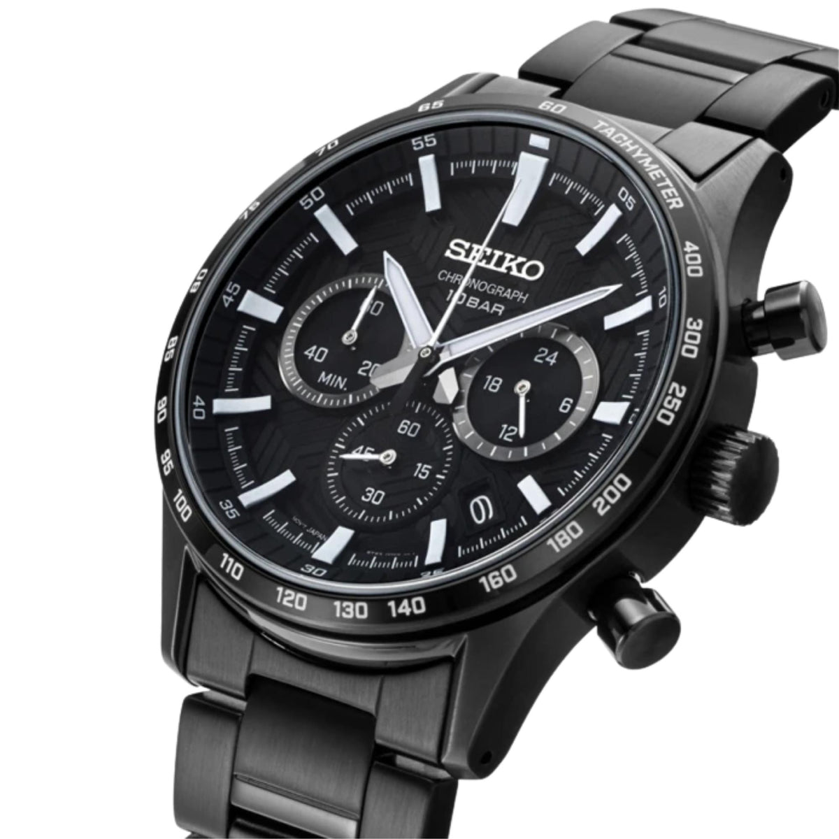 Seiko Essentials SSB415P1 close-up perspective of textured black dial, luminous hands, and tachymeter bezel