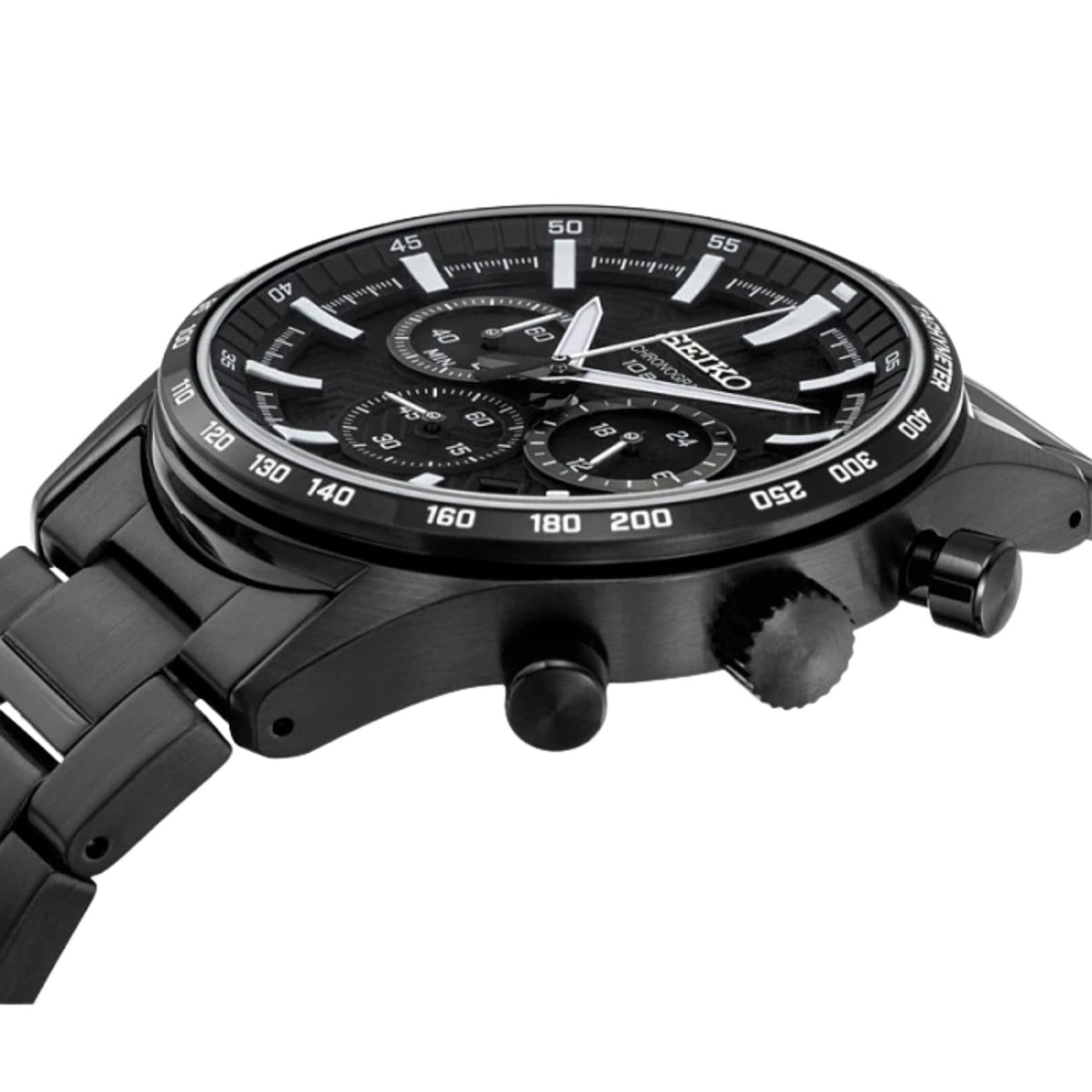 Seiko Essentials SSB415P1 side profile detailing dark steel case edge, crown, and chronograph pushers