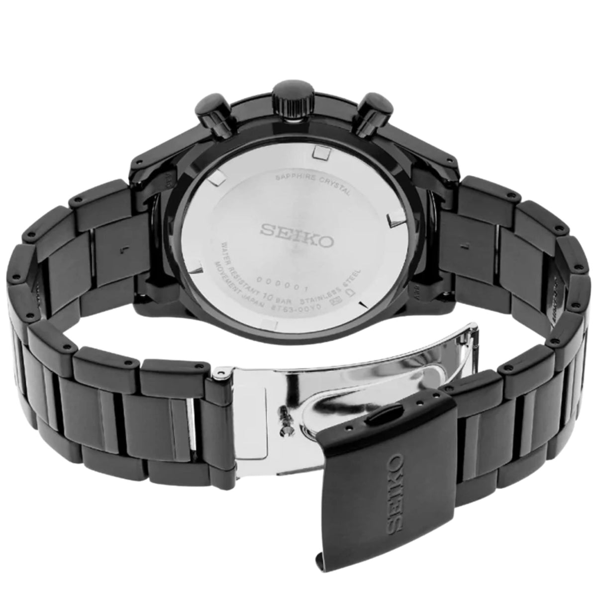 Seiko Essentials SSB415P1 rear view showing engraved solid back case and unclasped dark steel bracelet