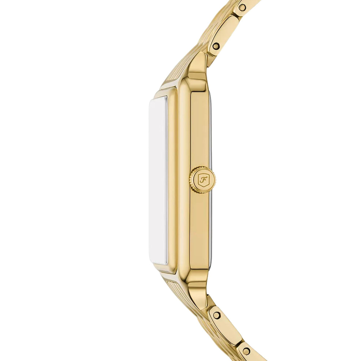 Fossil Raquel ES5398 side profile showing slim case with engraved crown logo and smooth finish