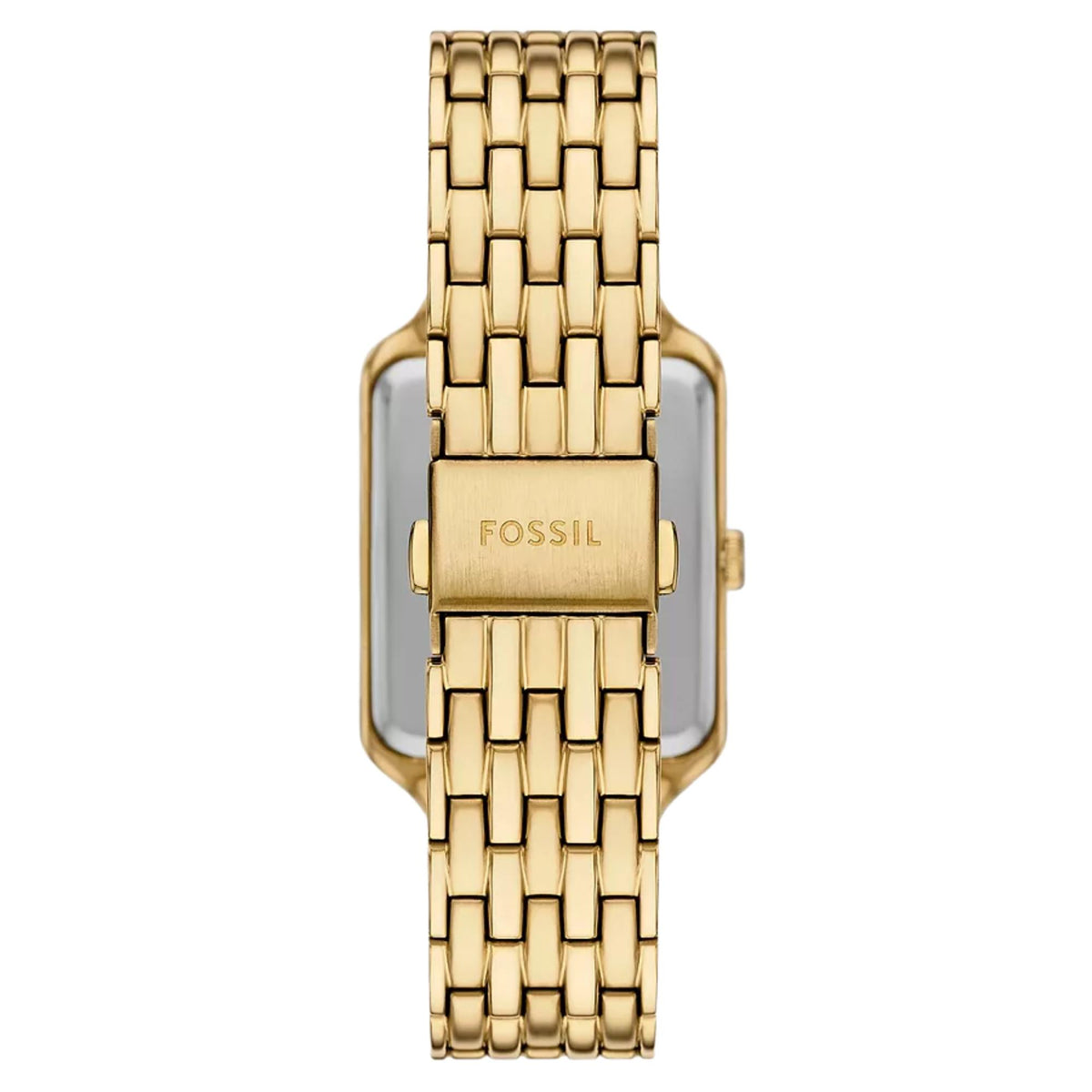 Fossil Raquel ES5398 rear view displaying branded folding clasp and link bracelet strap