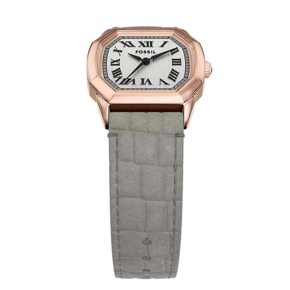 Fossil Harlow ES5435 elevated front view showcasing cream dial with octagonal bezel and textured leather band