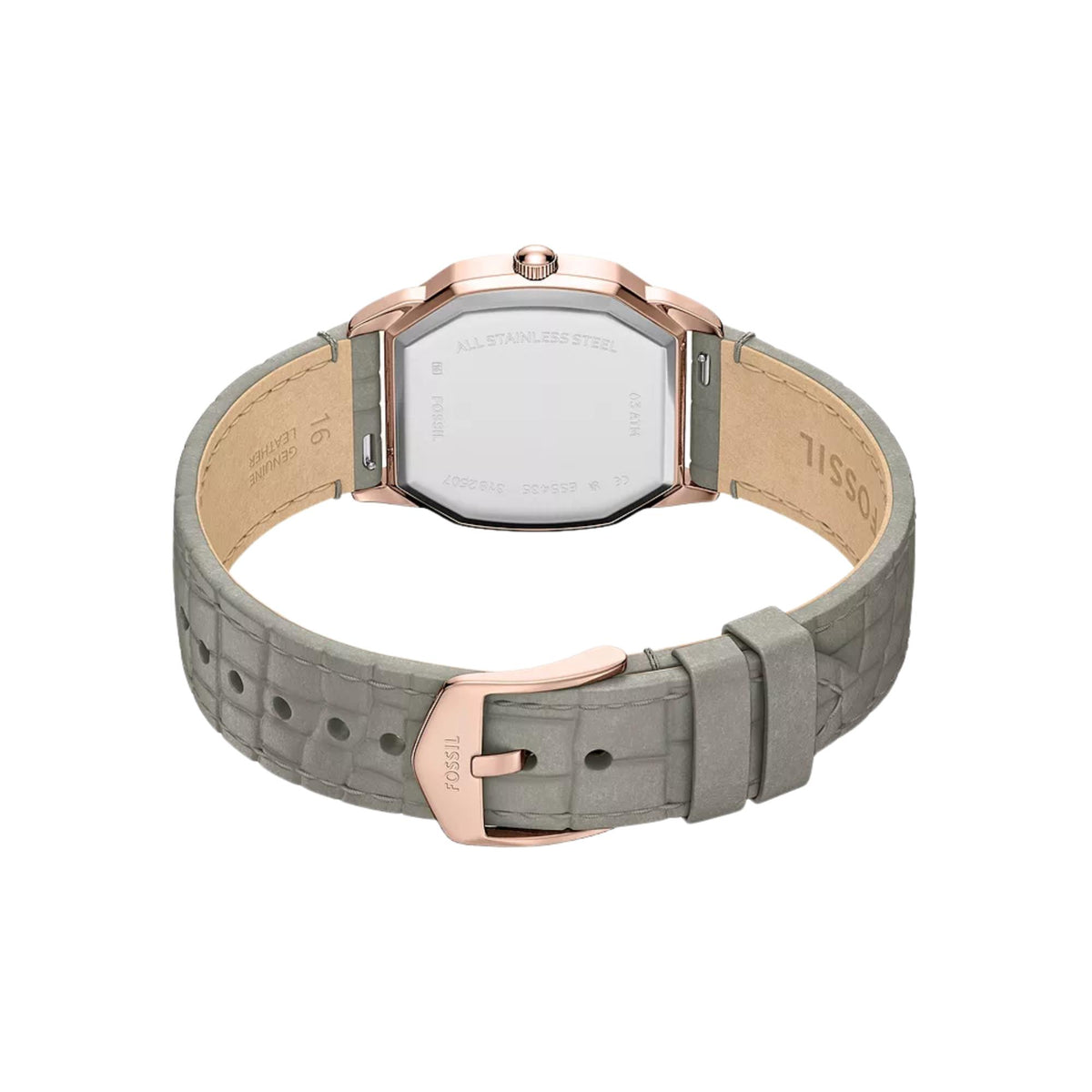 Fossil Harlow ES5435 open strap view highlighting stainless steel case back and leather band interior