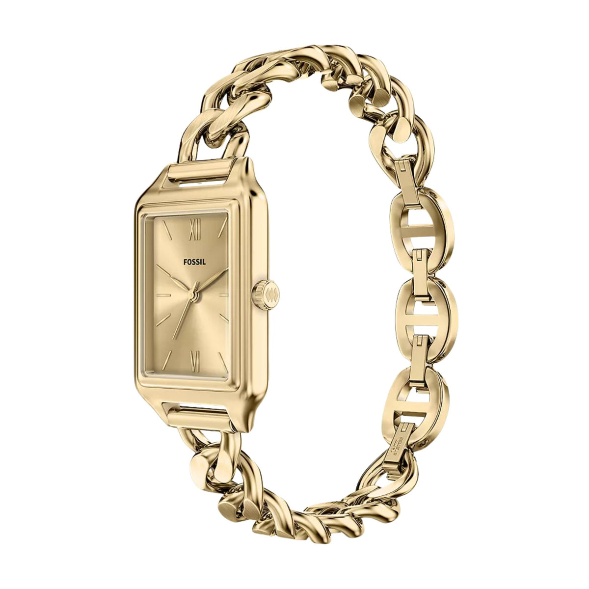 Fossil Raquel ES5478 three-quarter angle view detailing gold dial with curb chain style bracelet