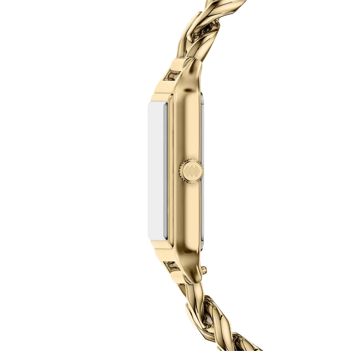 Fossil Raquel ES5478 side profile showing slim watch case with textured adjustment crown