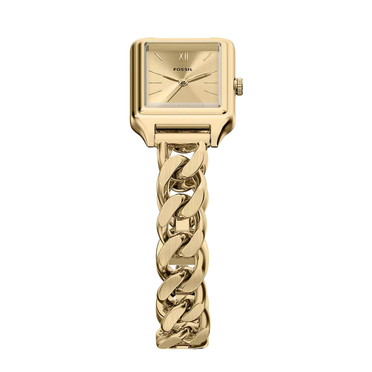 Fossil Raquel ES5478 front close-up view highlighting rectangular gold dial face and chain links