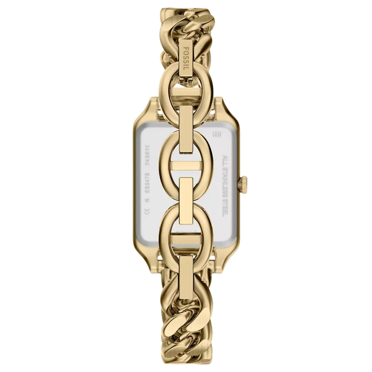 Fossil Raquel ES5478 rear view displaying engraved steel case back with jewellery clasp strap