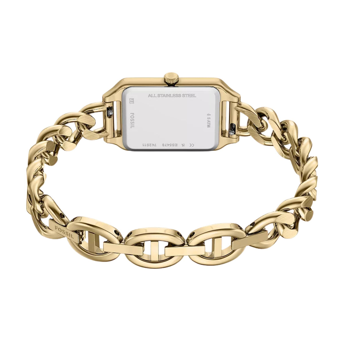 Fossil Raquel ES5478 open strap view showing stainless steel back cover and chain bracelet loop