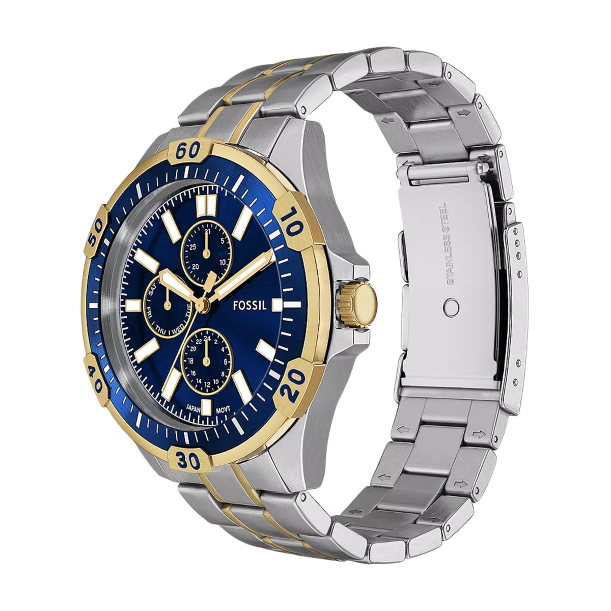 Fossil Garrett FS6146 three-quarter angle view detailing blue dial face and open steel bracelet