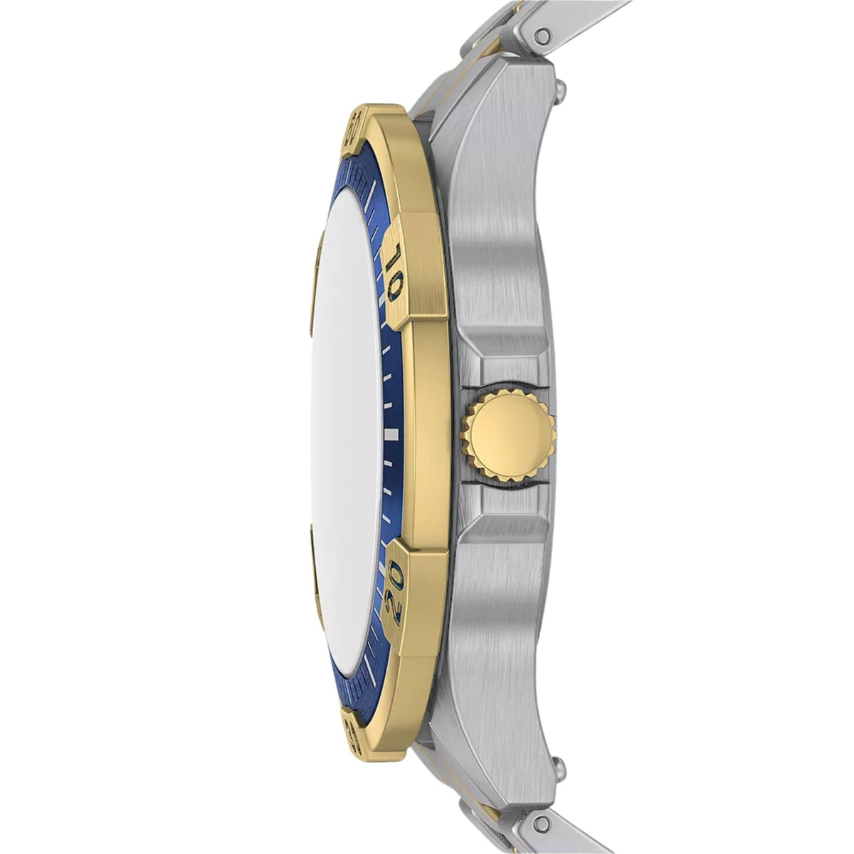 Fossil Garrett FS6146 side profile showing textured crown with stainless steel case edge