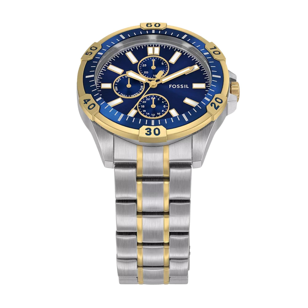 Fossil Garrett FS6146 elevated front view showcasing blue dial with gold tone bezel accents