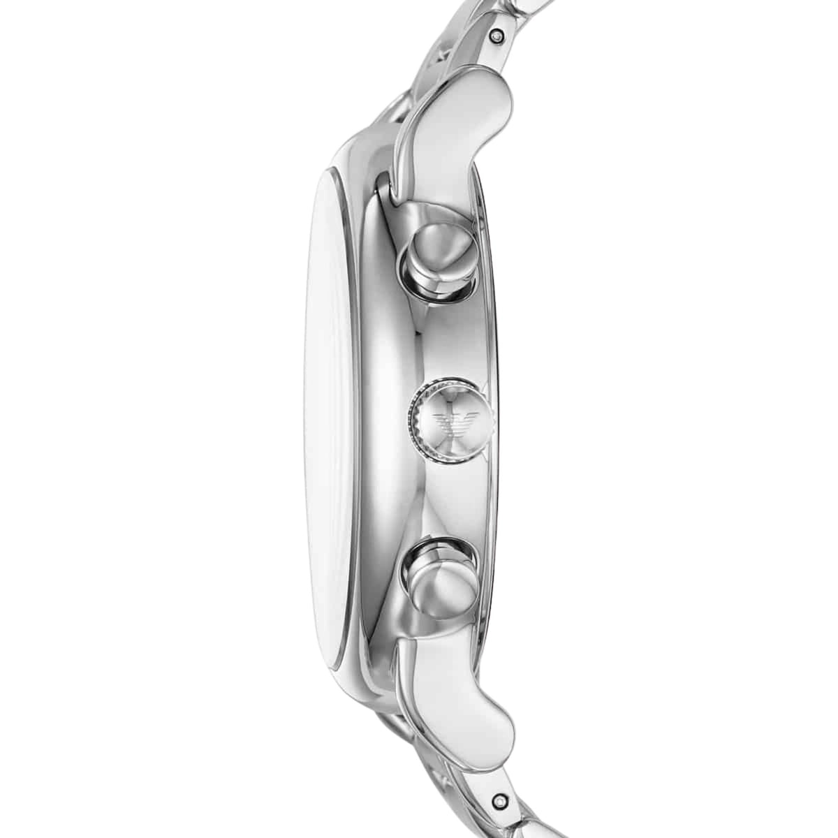 Emporio Armani Luigi AR11132 side view displaying polished steel case profile crown and pushers