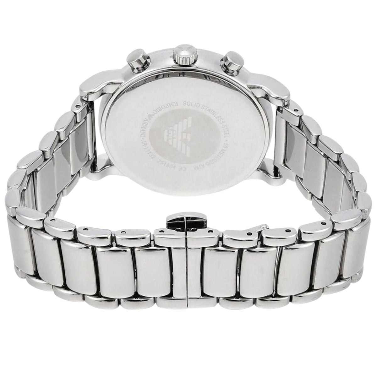 Emporio Armani Luigi AR11132 rear view highlighting closed steel bracelet and deployment clasp