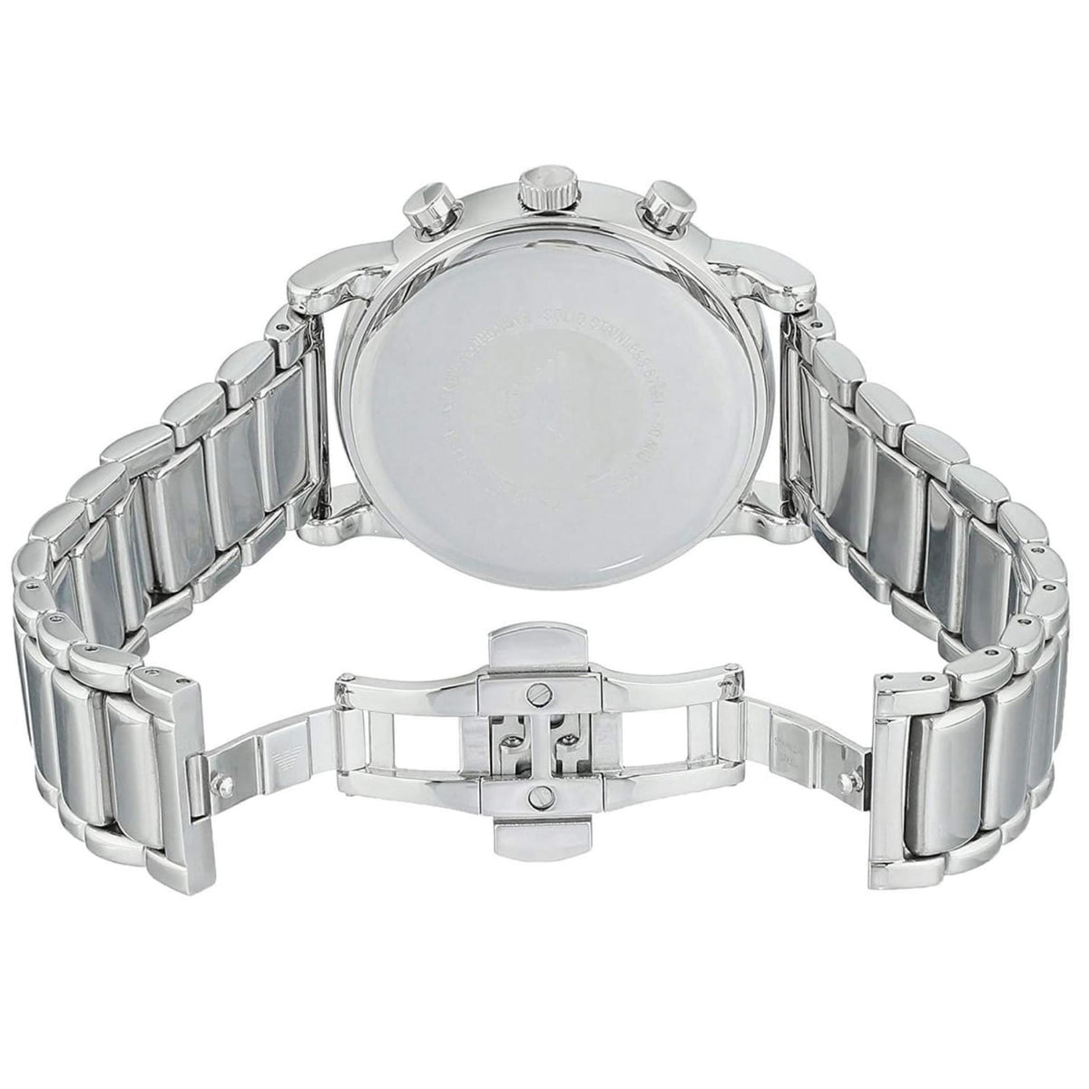 Emporio Armani Luigi AR11132 rear view showing open butterfly deployment clasp and bracelet links