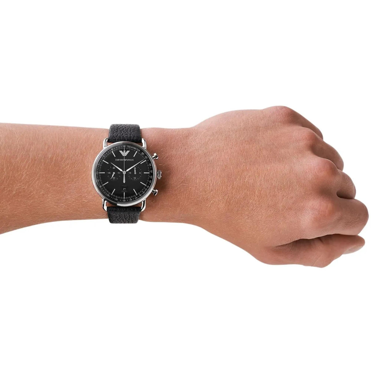 Emporio Armani Aviator AR11143 wrist shot highlighting black dial with textured leather strap
