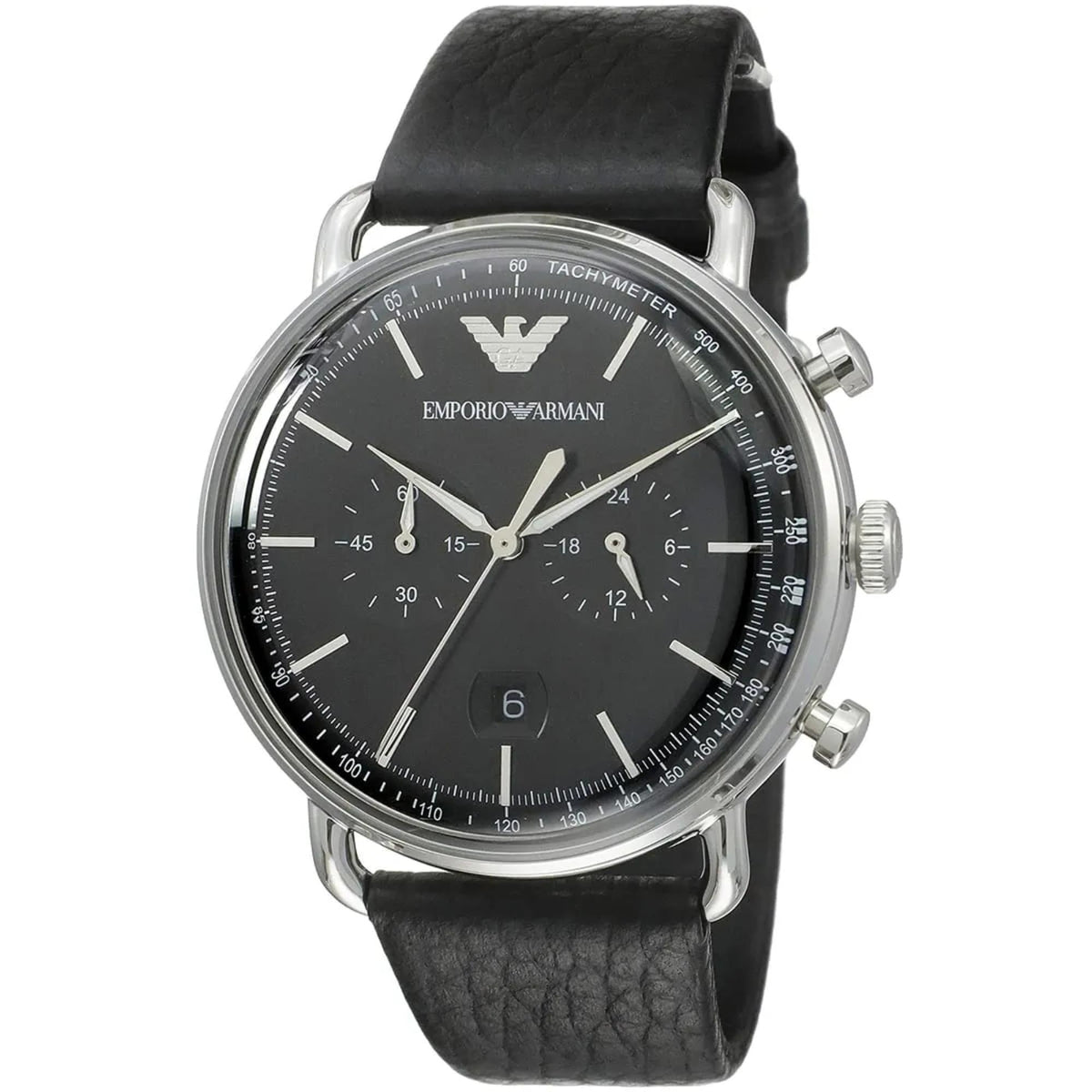 Emporio Armani Aviator AR11143 angled front shot featuring black dial with sub-dials and date window