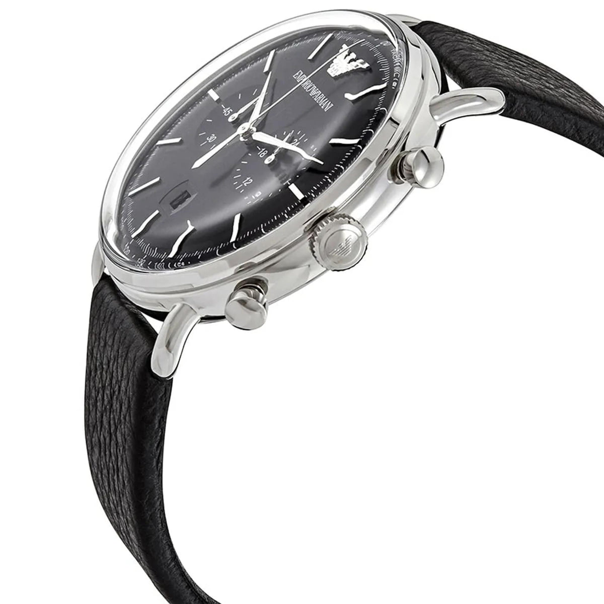 Emporio Armani Aviator AR11143 side perspective showing steel case profile textured crown and pushers