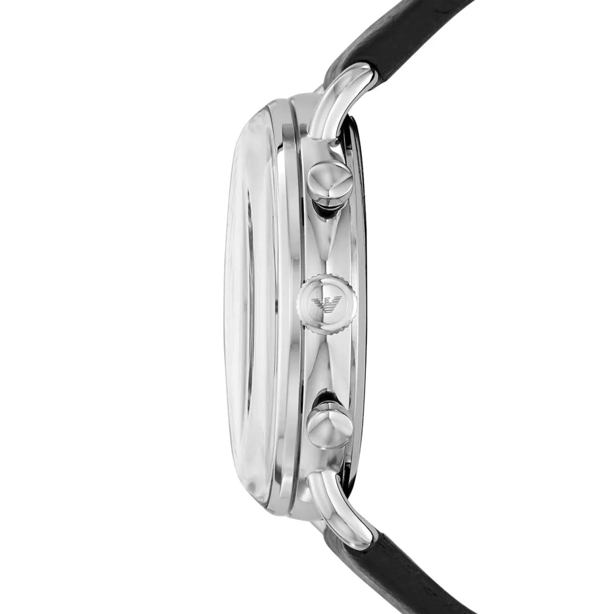 Emporio Armani Aviator AR11143 side view displaying polished steel case profile crown and pushers