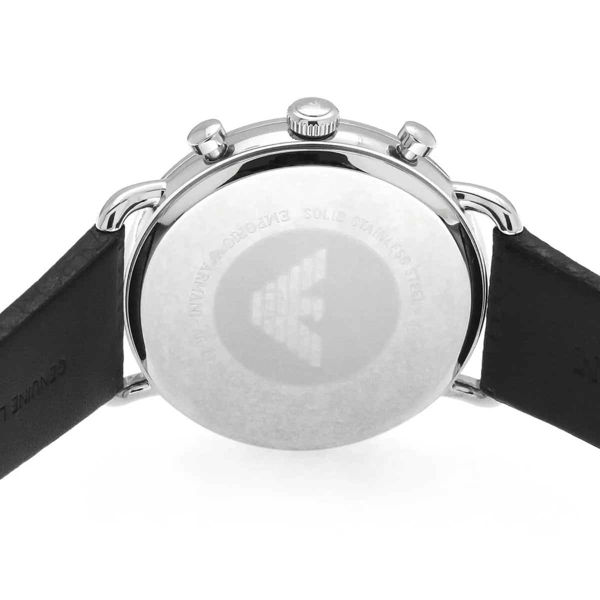 Emporio Armani Aviator AR11143 case back showing engraved logo eagle motif and model details