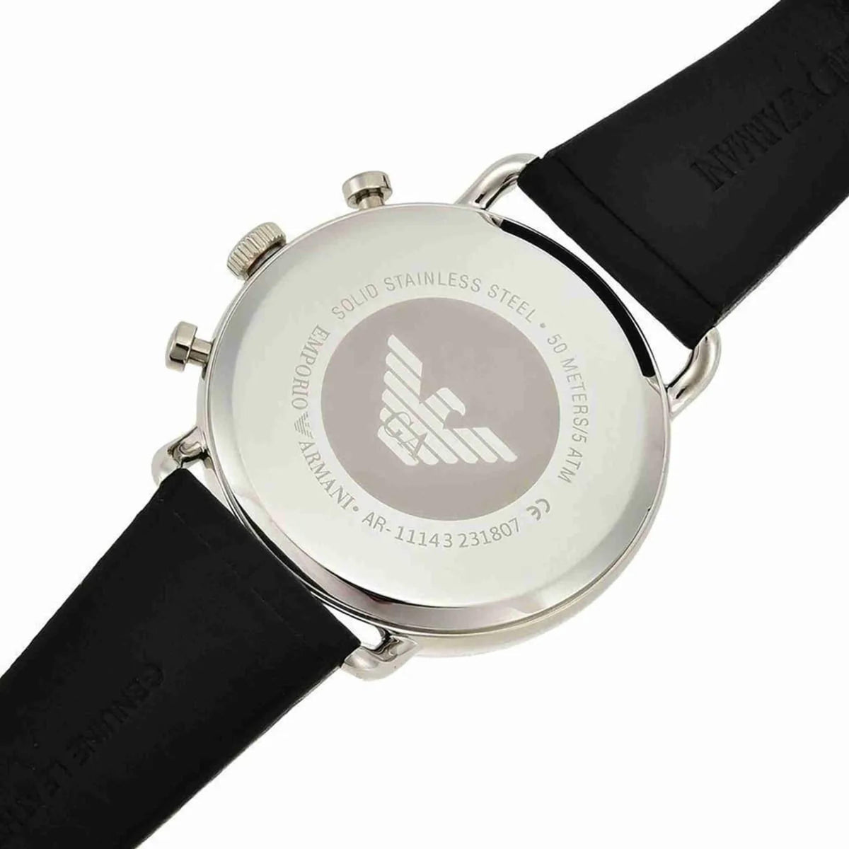 Emporio Armani Aviator AR11143 back case displaying the  signature eagle emblem stainless steel markings and model specifications