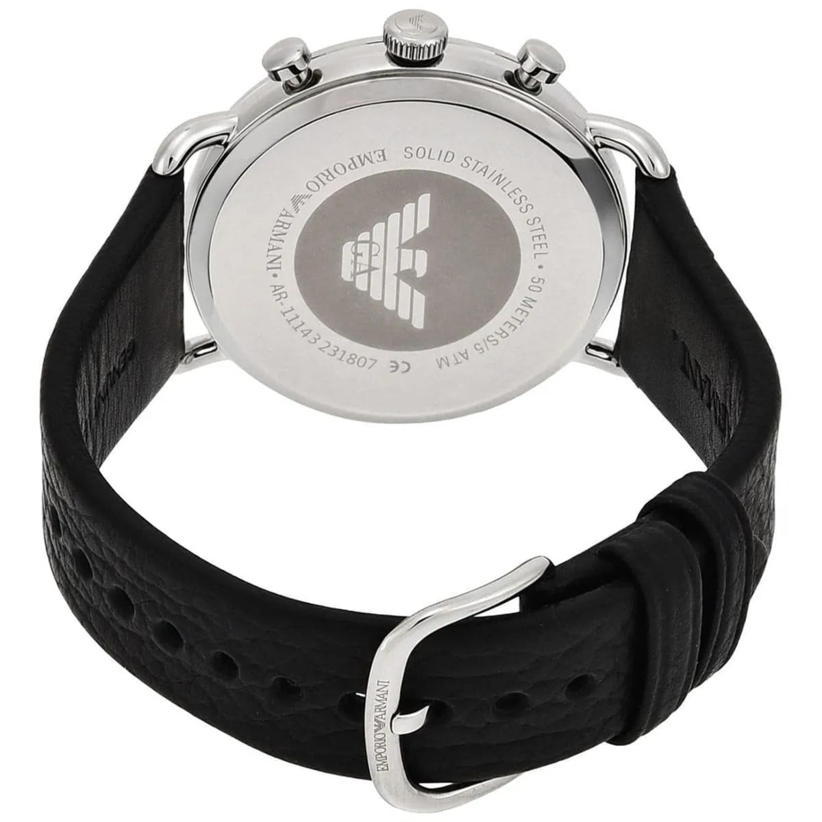 Emporio Armani Aviator AR11143 rear view showing case back black leather strap and pin buckle