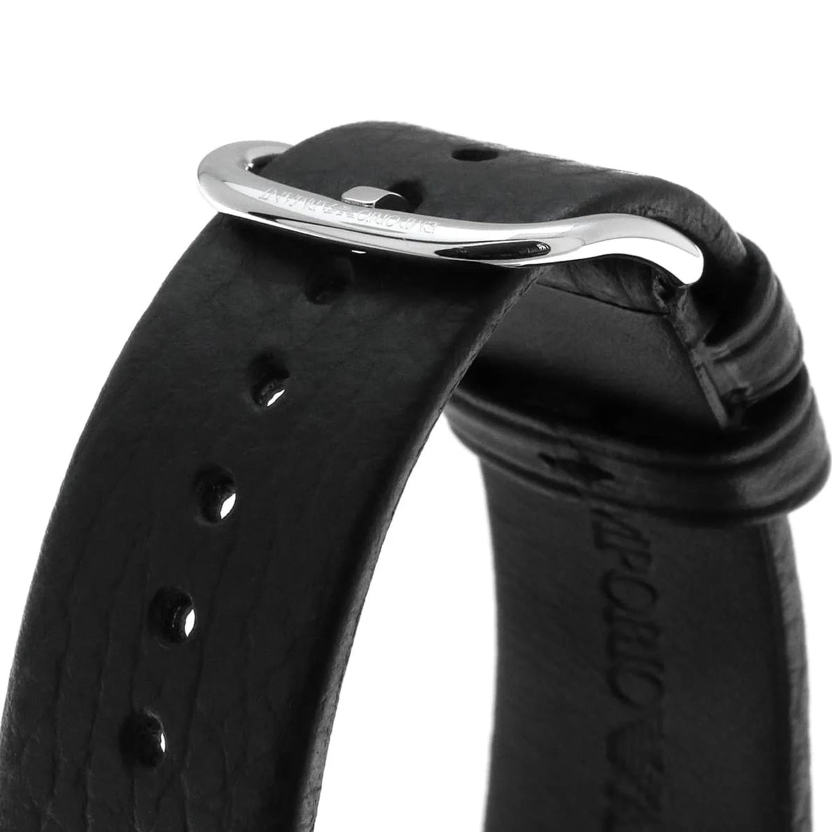 Emporio Armani Aviator AR11143 close-up view of black leather strap with engraved silver buckle