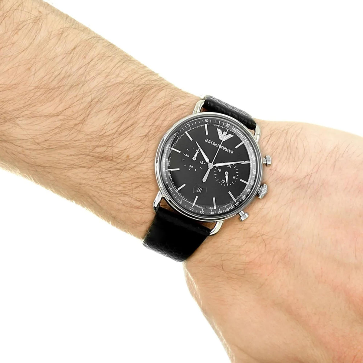 Emporio Armani Aviator AR11143 overhead wrist shot featuring black dial and leather strap