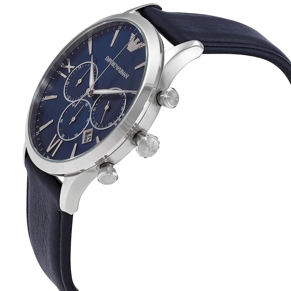 Emporio Armani Giovanni AR11226 side perspective showing steel case profile textured crown and pushers