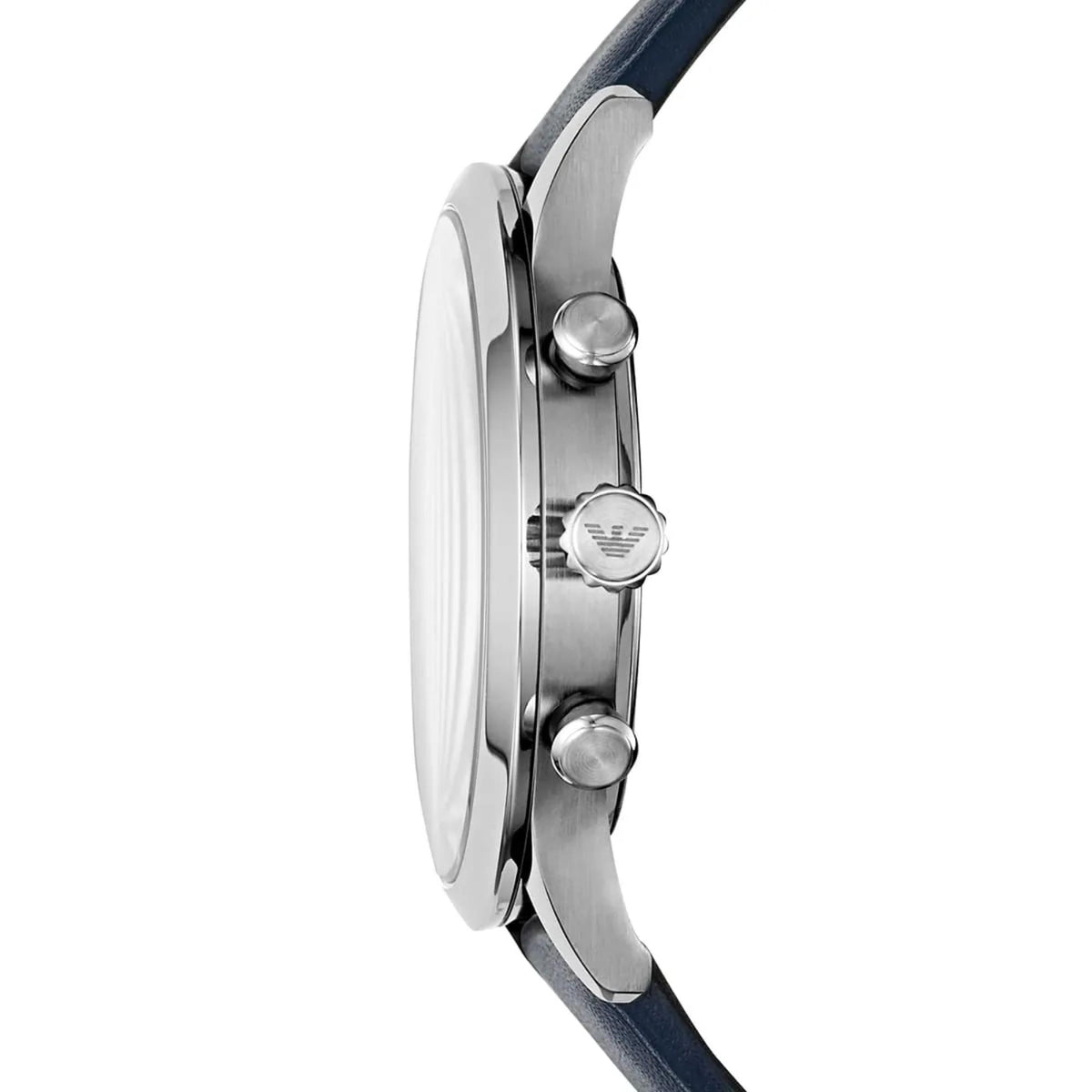 Emporio Armani Giovanni AR11226 side view displaying polished steel case profile crown and pushers