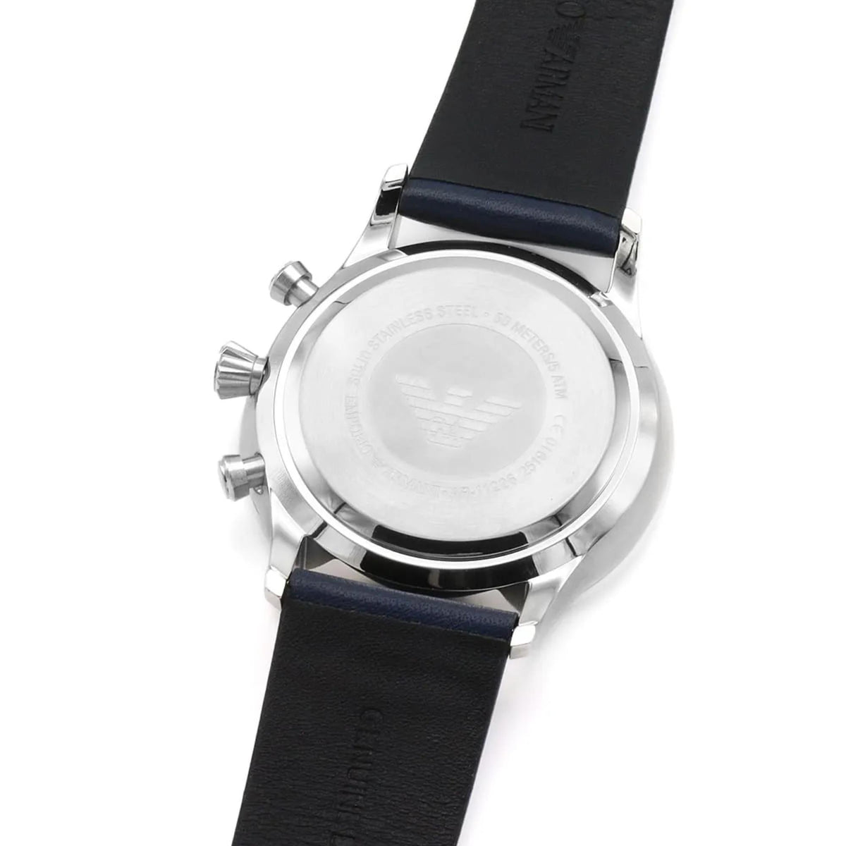 Emporio Armani Giovanni AR11226 case back showing engraved logo eagle motif and model details