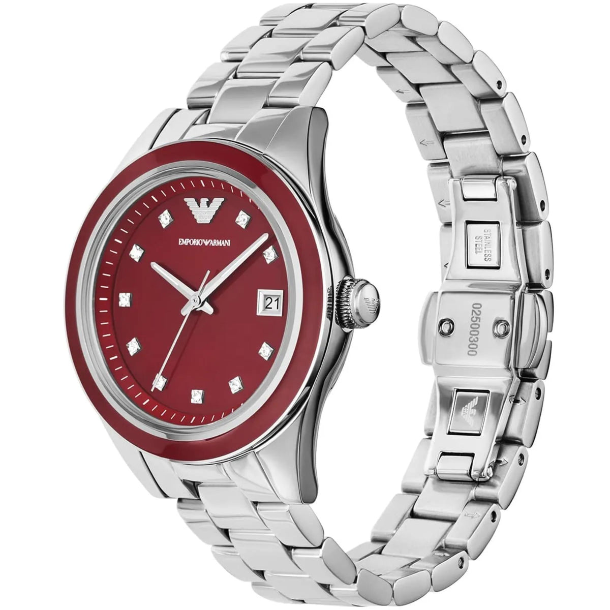 Emporio Armani Leo AR11544 angled front shot featuring red dial with crystal markers and date window