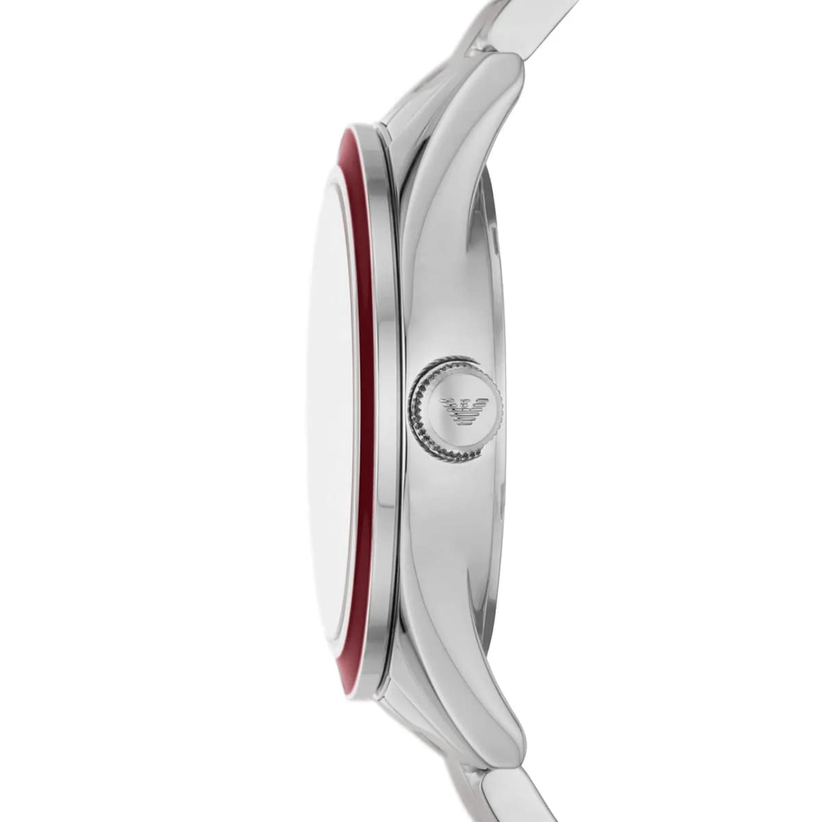Emporio Armani Leo AR11544 side profile showing steel case with red bezel accent and crown