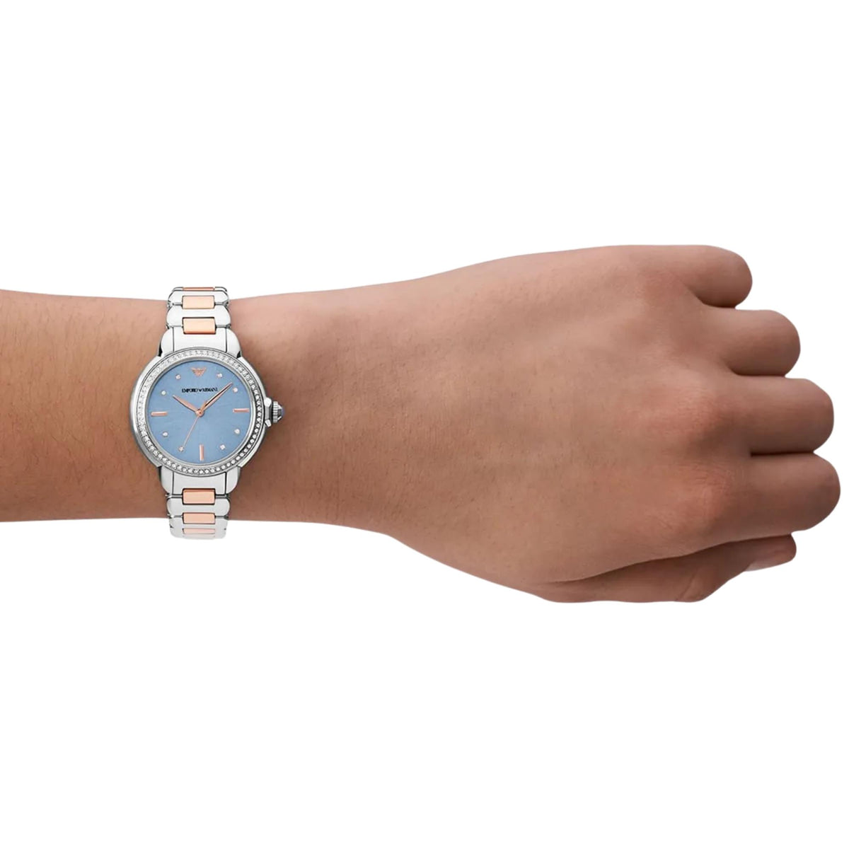 Emporio Armani Mia AR11597 wrist shot highlighting blue dial with two-tone steel bracelet