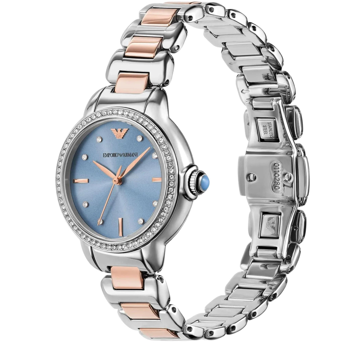 Emporio Armani Mia AR11597 angled front view featuring blue dial with crystal bezel and two-tone bracelet