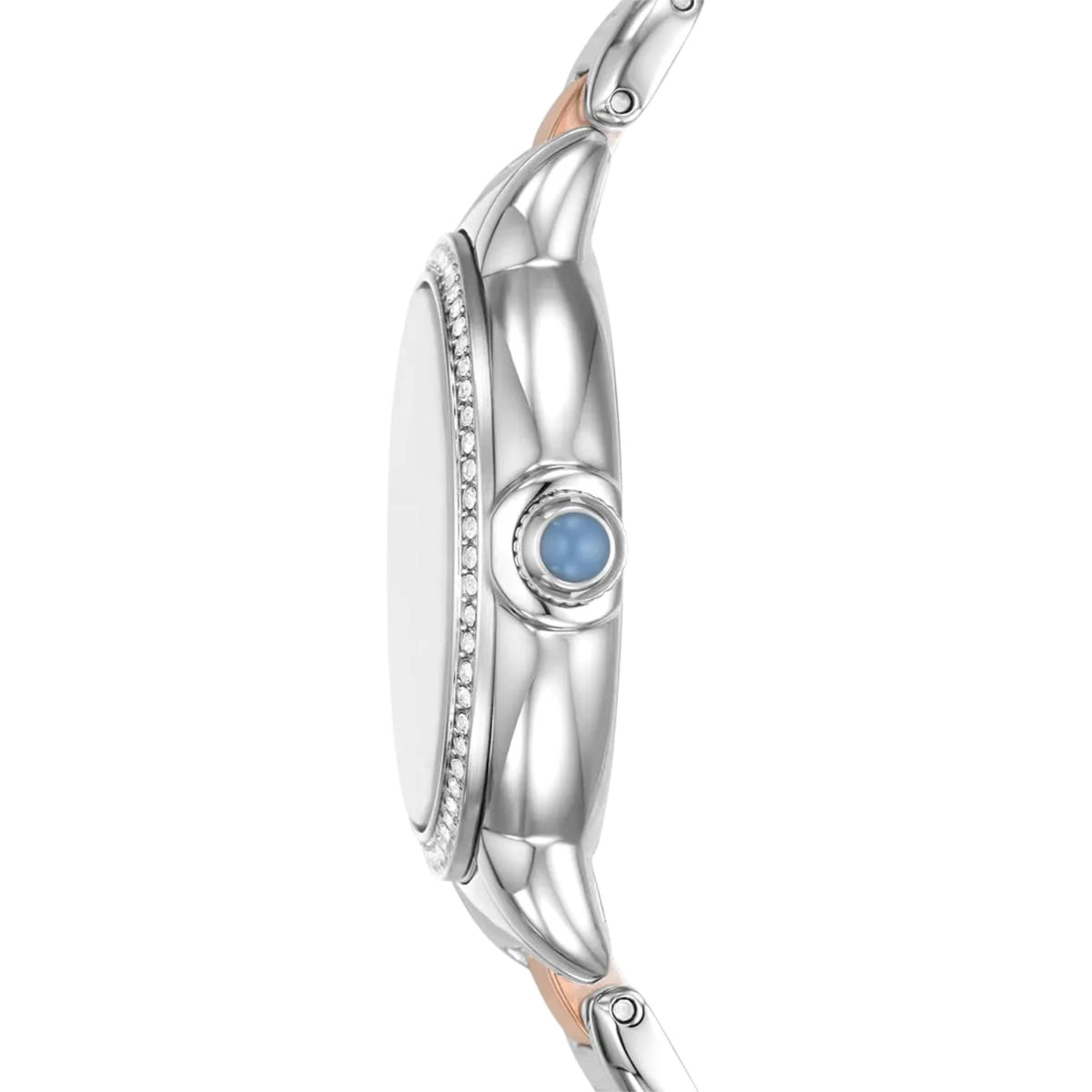 Emporio Armani Mia AR11597 side view showing smooth case profile with blue cabochon crown