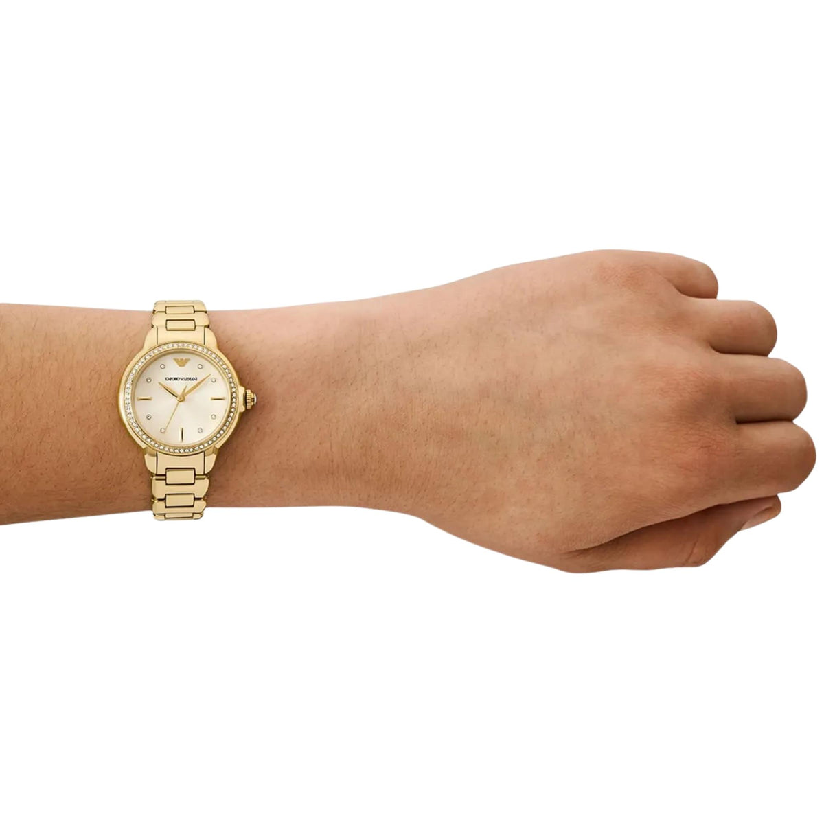 Emporio Armani Mia AR11609 wrist shot showing cream dial with yellow gold-tone steel bracelet