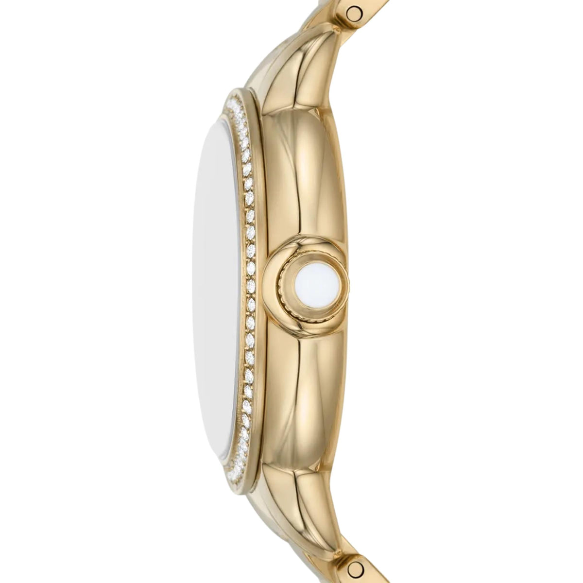Emporio Armani Mia AR11609 side profile displaying smooth case design with crystal bezel and crown detail