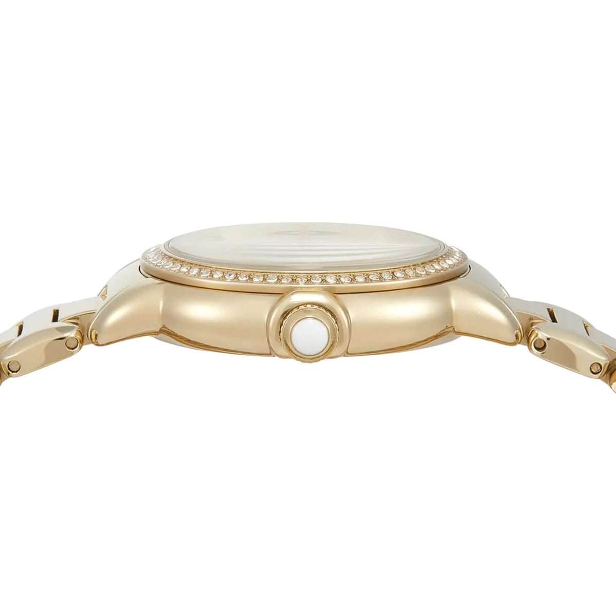 Emporio Armani Mia AR11609 side view showing slender gold-tone case profile with crystal bezel