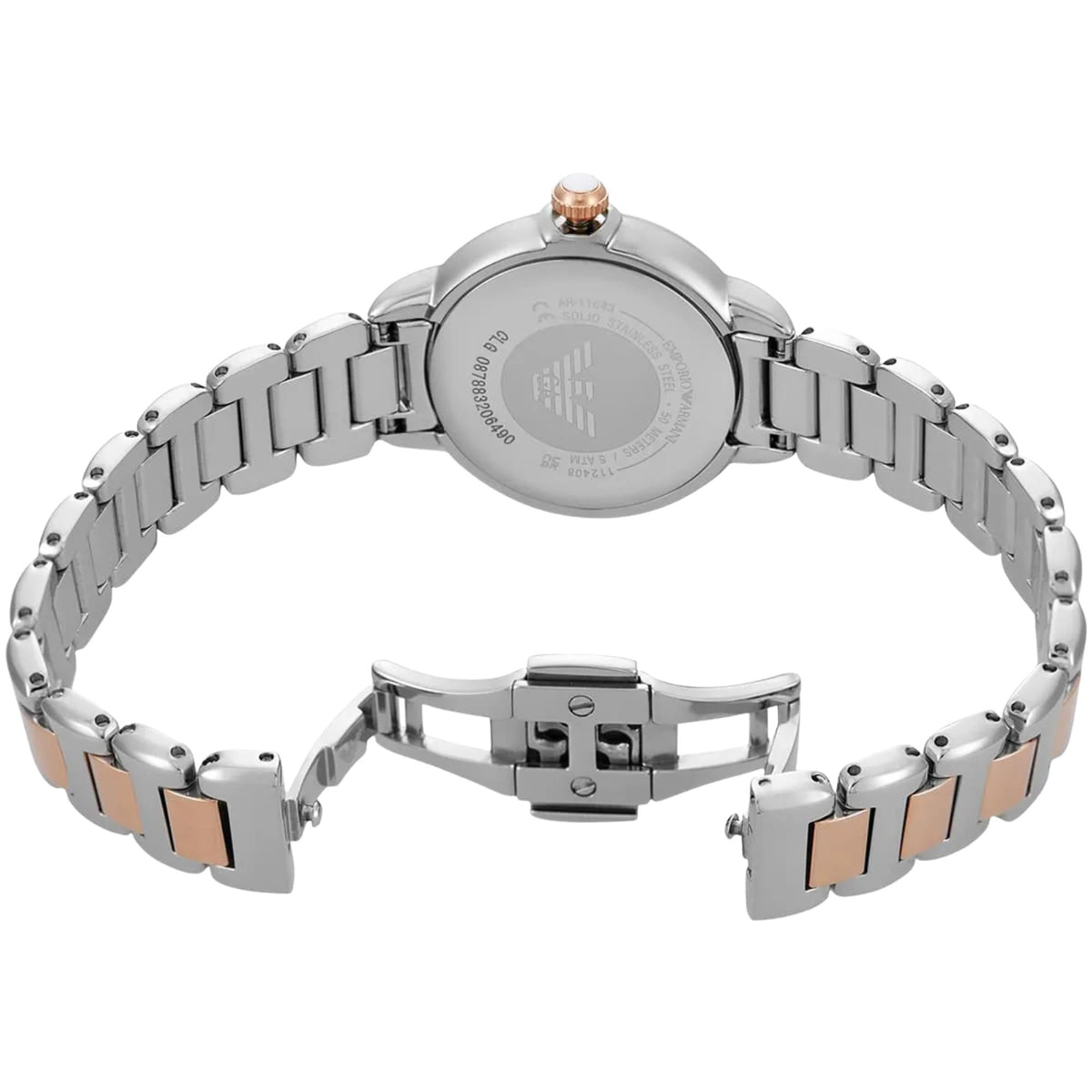Emporio Armani Mia AR11643 back view displaying case back details with unclasped two-tone steel bracelet