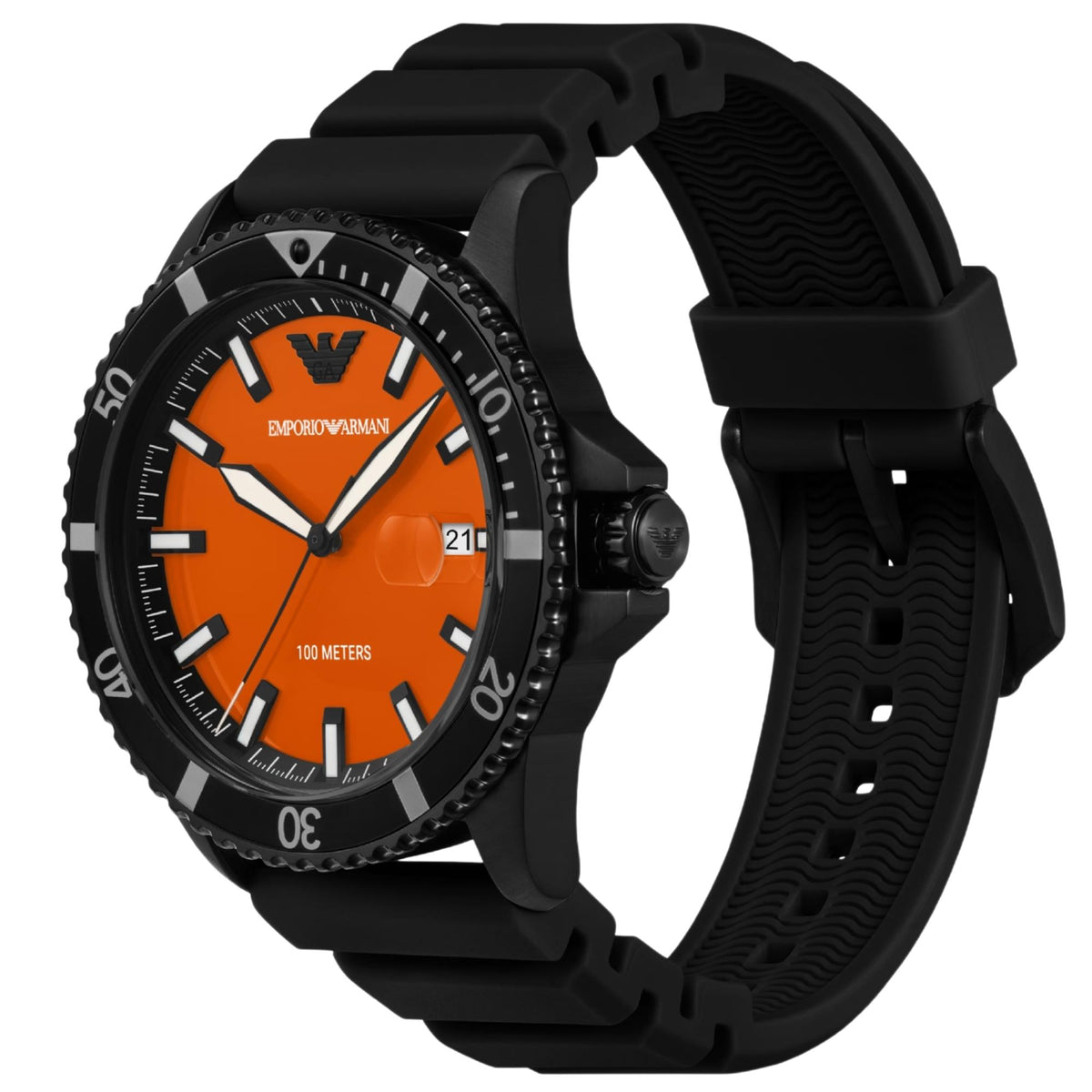 Emporio Armani World Explorer AR11684 three-quarter view showcasing orange dial with black case and ridged silicone strap
