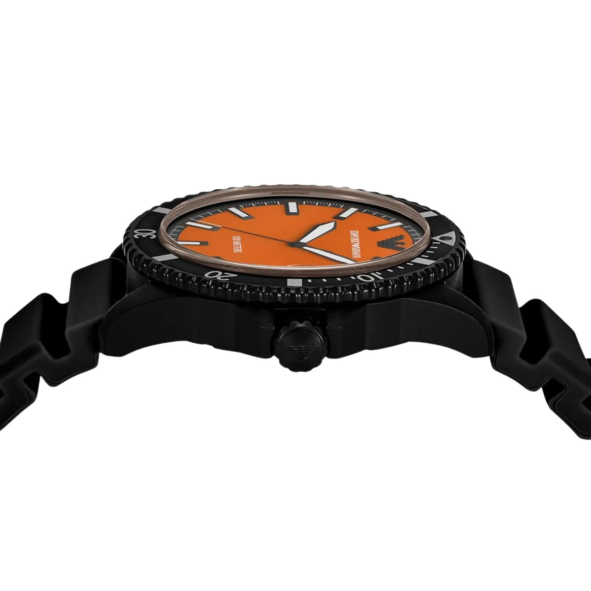 Emporio Armani World Explorer AR11684 side profile view of black case with textured crown detail