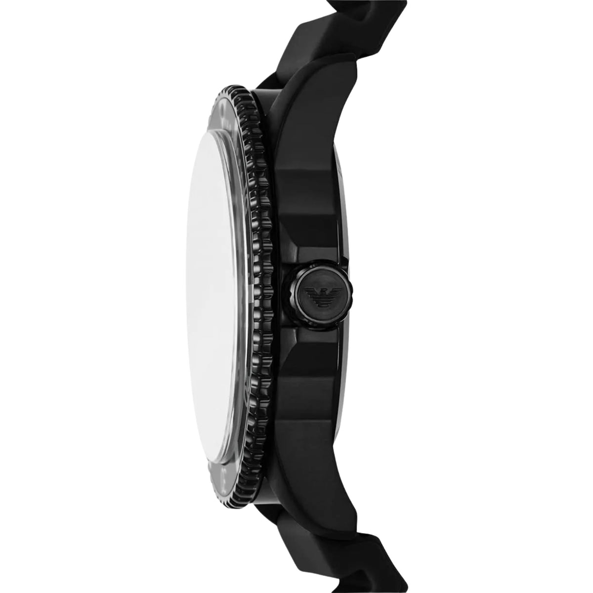 Emporio Armani World Explorer AR11684 close-up side profile displaying black case profile and signed crown