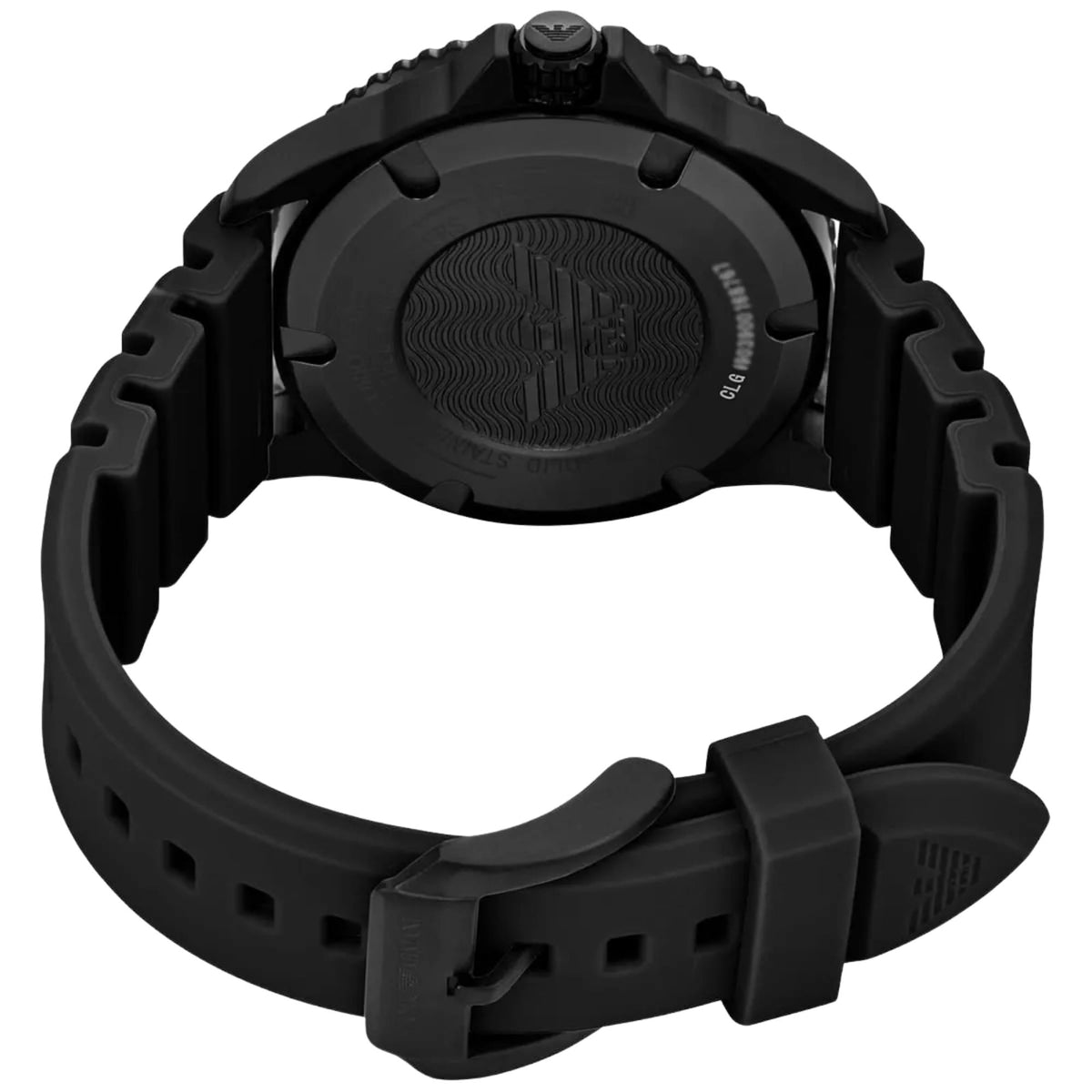 Emporio Armani World Explorer AR11684 rear view showing engraved case back and black silicone strap buckle