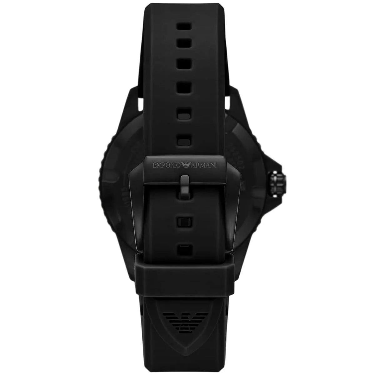 Emporio Armani World Explorer AR11684 back view displaying black silicone strap with branded pin buckle