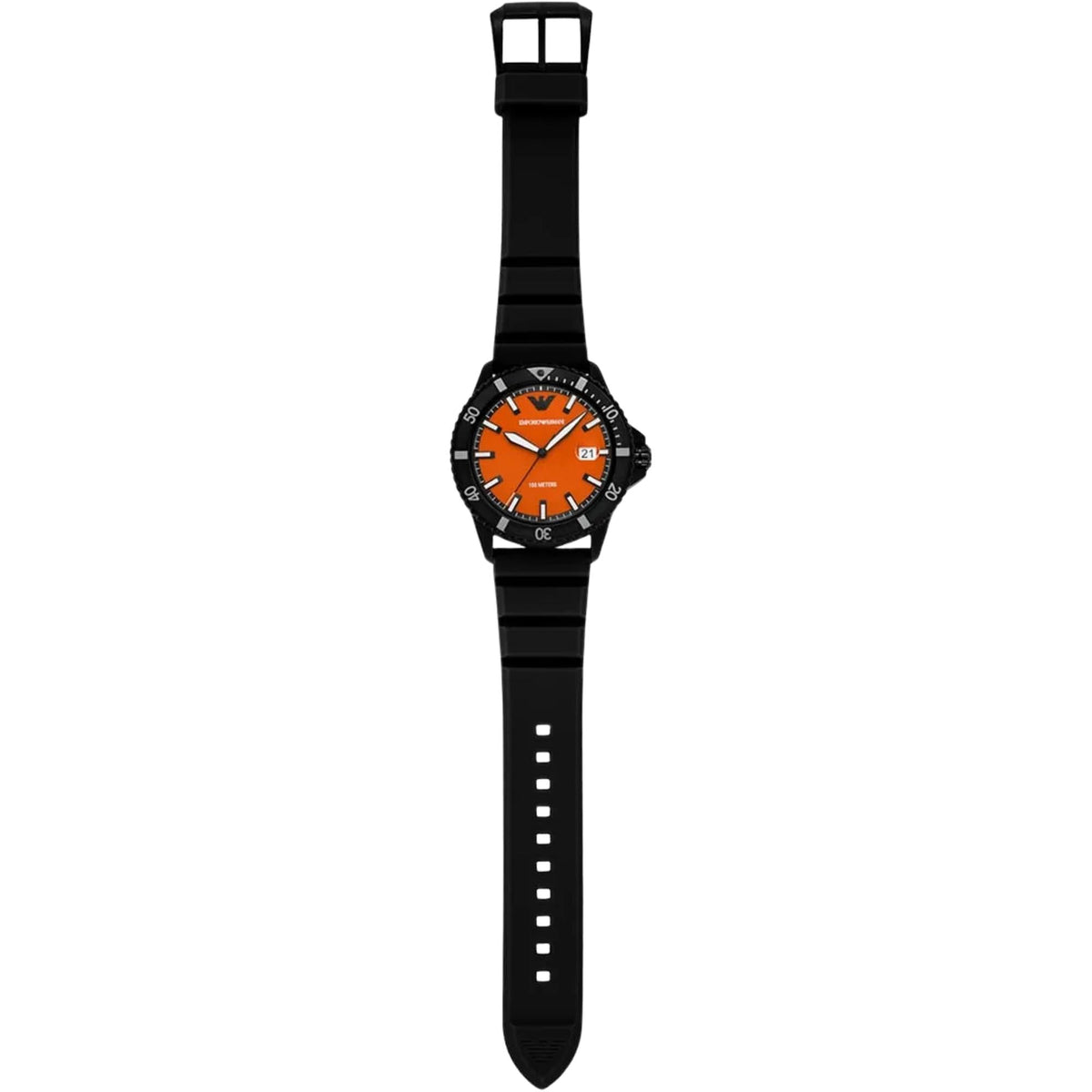 Emporio Armani World Explorer AR11684 full flat lay view featuring orange dial and extended black silicone strap