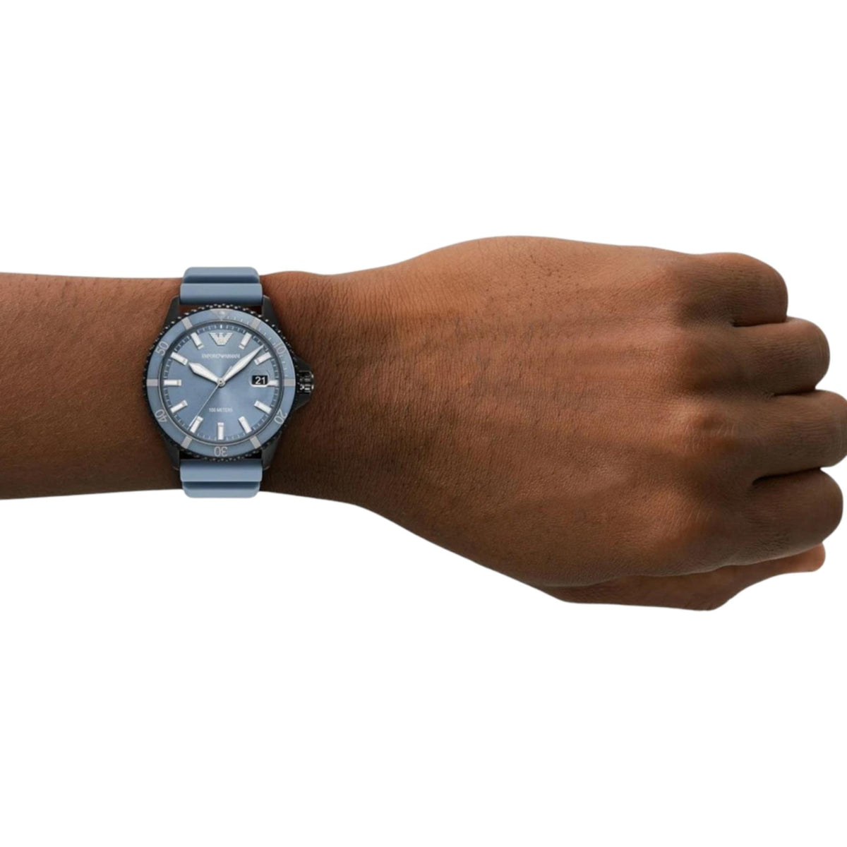 Emporio Armani World Explorer AR11685 wrist shot showcasing blue dial and black case detail