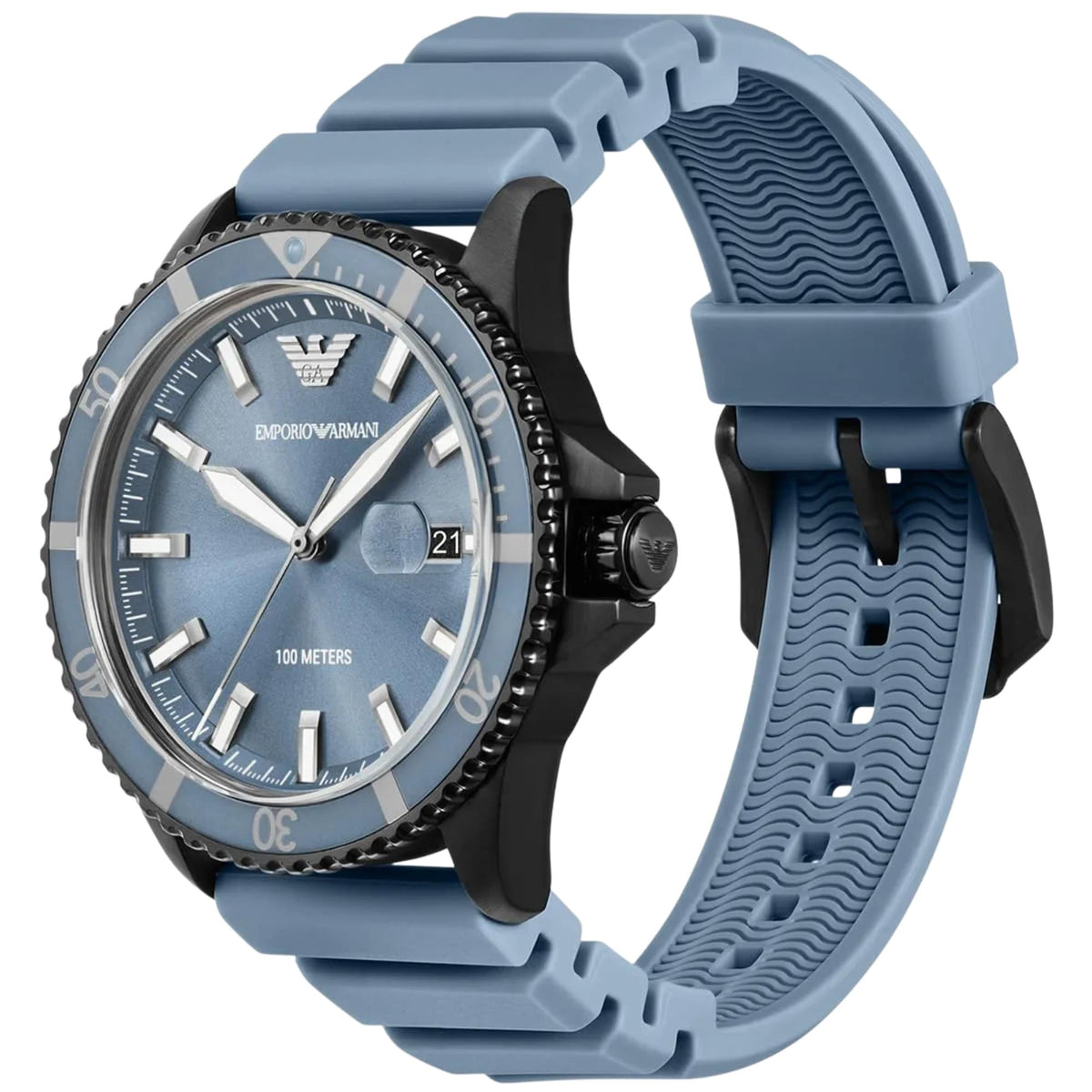 Emporio Armani World Explorer AR11685 three-quarter view highlighting blue dial with textured silicone strap