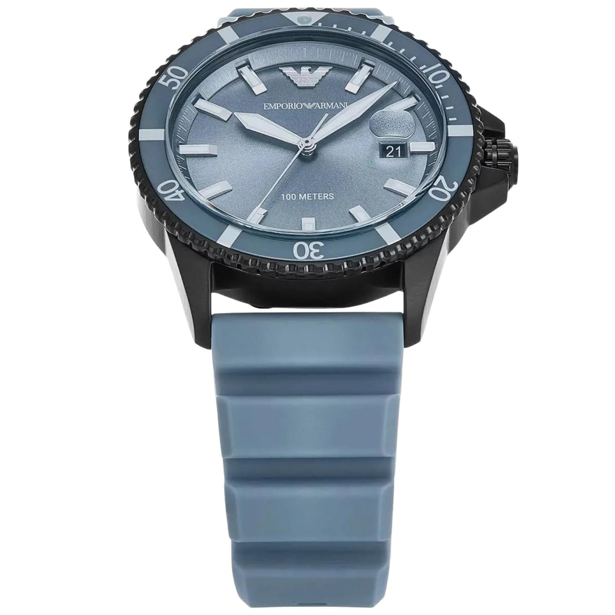 Emporio Armani World Explorer AR11685 angled front view showing blue bezel and case construction